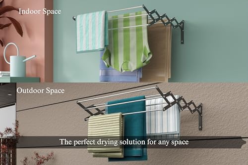 Image of UNOBRIGHT Foldable Wall Mounted Clothes Drying Stand | Heavy Duty Rust Free Stainless Steel Multi Rod Laundry Rack | 2 Feet, 9 Rods | Space Saving for Balcony, Bathroom & Laundry Room