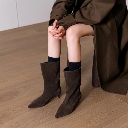 Beauty Cry Womens Kitten Heel Booties Slip On Pointed Toe Low Mid Calf Short Boot2