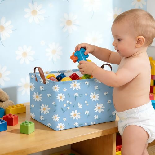 Image of Rectangular Daisy Storage Basket,Kids Laundry Hamper,Waterproof foldable kids laundry basket,Blue Baskets,Books Box,Flower room decor(Daisy)