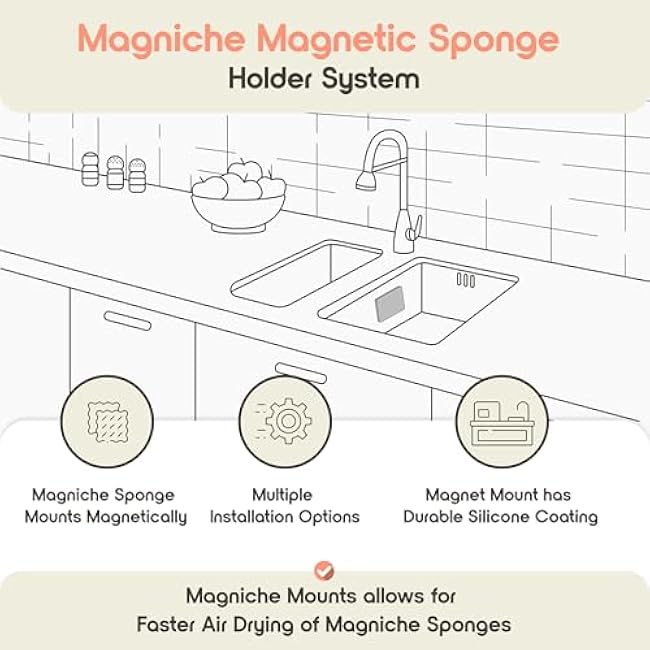 3-in-1 Dishwashing Cleaning Kit - Magnetic Sponge Holder for Kitchen Sink w/ 4-Pack Dual-Sided Dish Sponges Kitchen Set - Reusable Sponges for Dishes & Magnetic Dish Sponge System Starter Kit