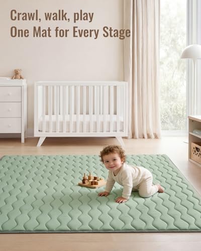 Image of Blissful Diary Baby Play Mats for Floor, 71x59 Inch Extra Thicker & Large Soft Cushioning Foam Playmats for Babies and Toddlers, Foldable Washable Baby Crawling Mat for Playpen, Sage Green
