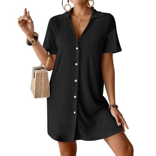 Bsubseach Terry Cloth Swim Cover Up 2025 Button Down Women Swimsuit Coverup Short Sleeve Blouse Beach Shirt Vacation Wear Black Medium
