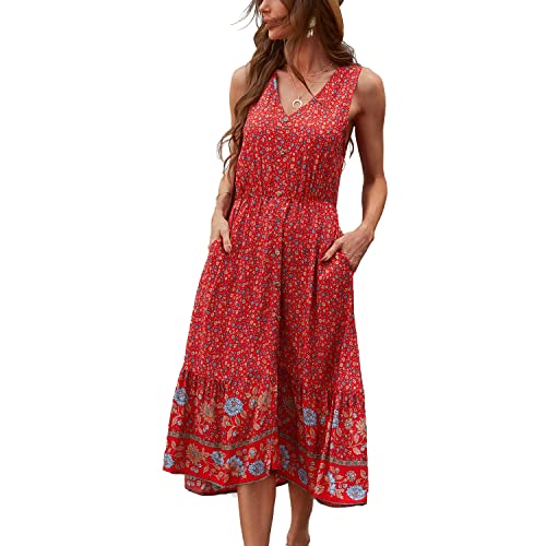 Image of BROVAVE Women Summer Bohemian Floral Print V Neck Sleeveless Sundress Flowy Casual Midi Dress