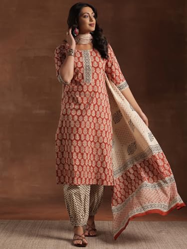 Image of Libas Womens Printed Cotton Straight Kurta With Salwar and Dupatta | daily wear suit