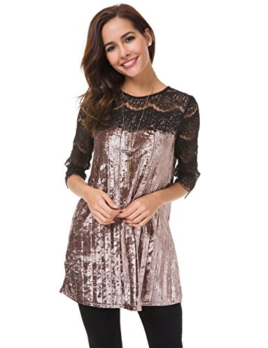 Atnlewhi Womens Mesh Velvet Dressy Tunic Pullover 3/4 Sleeve Lace Cocktail Party Swing Flowy Short Dress Khaki - Thumbnail 3