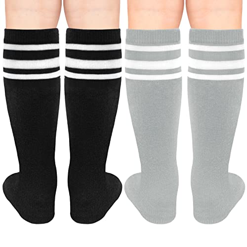 Image of Sarfel Kids Soccer Socks Toddler Soccer Socks Girls Boys Soccer Socks Kids Tube Socks with Stripes Toddler Knee High Socks, 2 Pack Black /White, Grey /White, 3-6 Years
