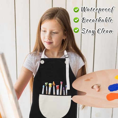 Lnngub Malschürze Kinder, 60 x 46 cm Kinder Schürzen mit Taschen Verstellbare Kleinkind Bastelschürze zum Malen, Kochen, Backen, DIY Basteln(Schwarz)