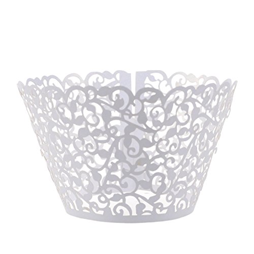 Cosmos ® 24 Pcs Flower Vine Filigree Cutout Lace Cupcake Wrapper Wraps Liner Wedding Party Cake Decoration (White)