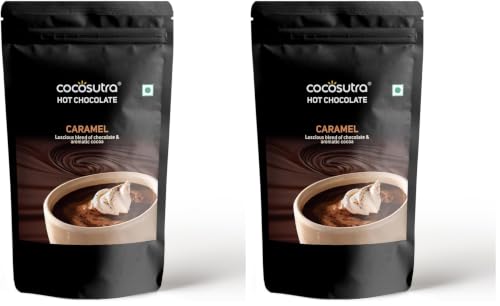Image of COCOSUTRA Caramel Hot Chocolate Mix | Enjoy hot or cold | 500 g | Gluten Free Drinking Chocolate Powder | No Preservatives | Ready in 2 Minutes | Serves 25 Cups (Pack of 2)