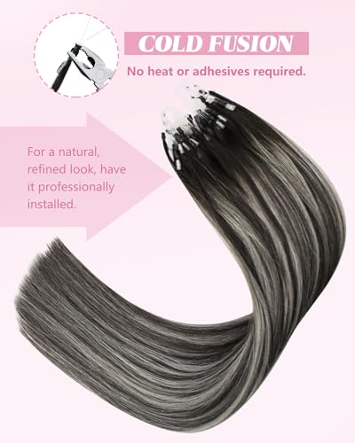 Image of YoungSee Micro Loop Hair Extensions Real Human Hair Ombre Microlink Hair Extensions Balayage Black with Silver Microbead Hair Extension Human Hair Straight 24 Inch for Prom 57g 50s