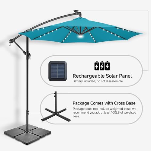 Image of Solar Offset Patio Umbrella - 10 FT Solar Cantilever Umbrella Outdoor with 40 LED Lights and Cross Base, UV Protection for Garden, Deck, Backyard, Pool, Porch, Aqua Blue