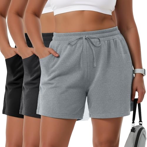 Neer 3 Pack Women's Plus Size Sweat Shorts Lounge Athletic Drawstring High Waisted Trendy Summer Shorts with Pockets