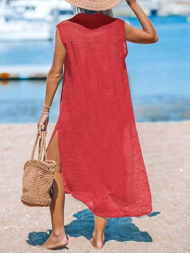 Image of CUPSHE Women's Swimsuit Coverup Casual Sleeveless Side Split Long Cardigans V Neck Midi Beach Dress