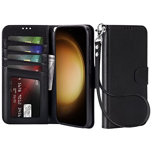 Lugege Compatible with Samsung Galaxy S23 Case Wallet Flip Folio Case [Kickstand] with RFID Blocking Card Holders [Shockproof] and Wrist Strap Phone Cover Black
