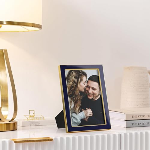 Image of eletecpro 4x6 Enamel Picture Frame Set of 2 with Real Glass Cover, Cute Photo Frame with Gold Metal Edge, Horizontal and Vertical Display Pictures 4 by 6 for Tabletop and Wall Decor, Navy