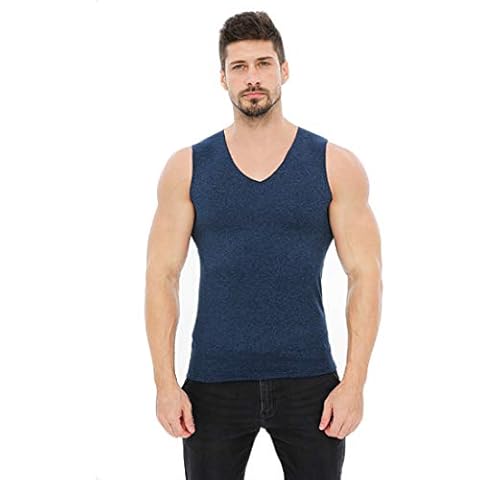 Aiweijia Men's Thermal Tops Warm Vest Tank Top V Neck Sleeveless Soft Warm Seamless Elastic Slim Body Shaping Polyester Fibre Man Thick Thermal Underwear Bottoming Shirt Dark Blue Cover