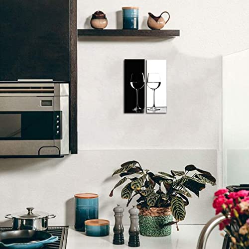 Kitchen Wall Art Black And White Wine Pictures Wall Decor Modern Dining Room Wine Cups Canvas Paintings For Living Room Home Decorations Abstract Minimalist Glass Artworks Bar Wall Decor 6X16" 2 Pcs #TOP3