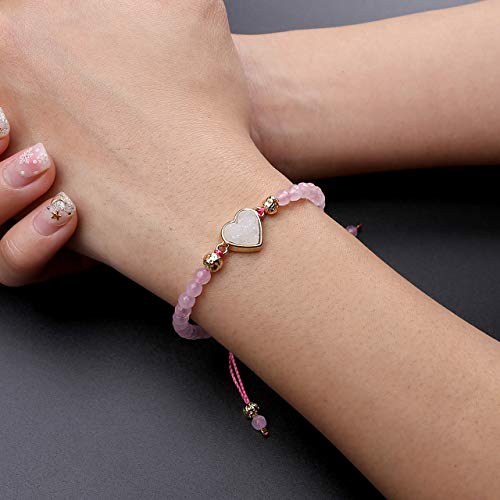 Top Plaza Womens Girls 4mm Rose Quartz Beads Chakra Healing Crystal Bracelet Gold Lava Rock Stone Adjustable Bracelets with Heart Shape Druzy Charm - Image 3