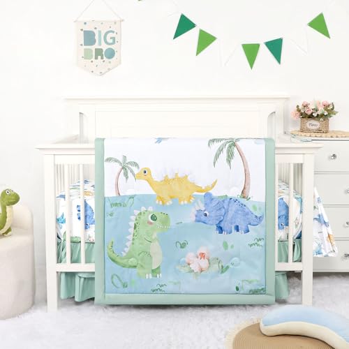 Image of TANOFAR 4-Piece Crib Bedding Set for Baby Boys, Blue Dinosaur Nursery Bedding Set Includes Comforter, Fitted Crib Sheet, Crib Skirt, and Diaper Stacker, Dinosaur