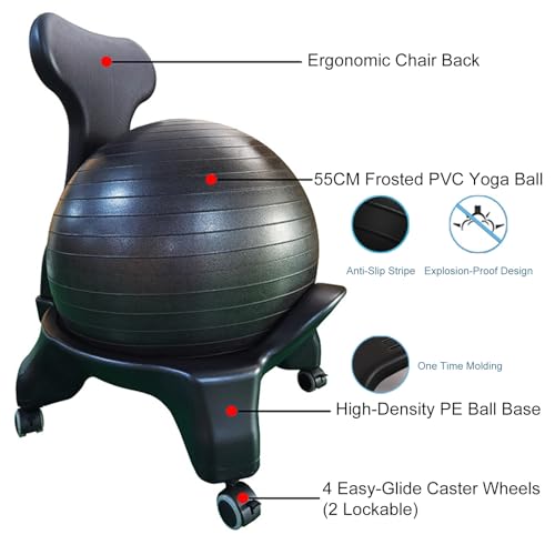 Image of Active Sitting Exercise Ball Chair for Adults - Ergonomic Office Yoga Ball Chairs, Improve Back Pain and Balance, Lockable Wheels, Foot Pump - Buy Now on Amazon