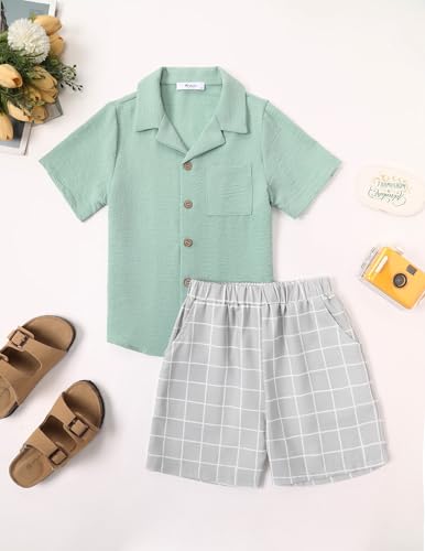 Image of Arshiner Boys 2 Pieces Summer Beach Outfits Short Sleeve Button Down Shirts and Shorts Vacation Texture Sets for Kids