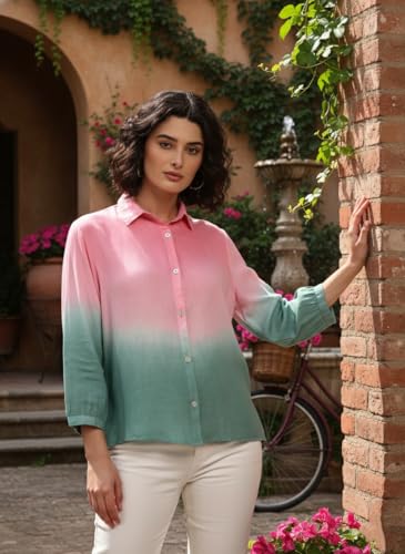 Image of Maaesa Women Handmade Ombre Tie & Dye Rayon Shirt | Relaxed Fit | Lightweight & Breathable | Long Sleeve Button-Down | Classic Collar | Casual & Office Wear