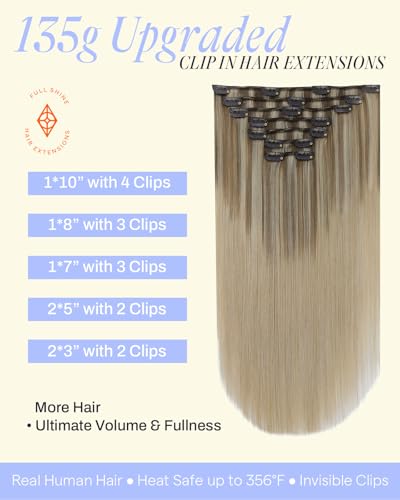 Image of Full Shine Highlight Clip in Hair Extensions Human Hair, 18 Inch 135g 7Pcs | Caramel Latte Rooted Blonde Remy Hair Extensions Clip ins, Seamless Weft for Natural Volume, Daily Styling