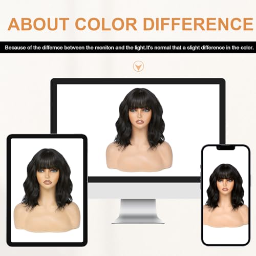 Image of AGO Natural Black Wigs with Bangs Short Bob Wig Shoulder Length Synthetic Hair for Women Girl Loose Wavy Wig Heat Resistant Fiber Hair for Daily Party Halloween Cosplay Use(2 /4#Black)