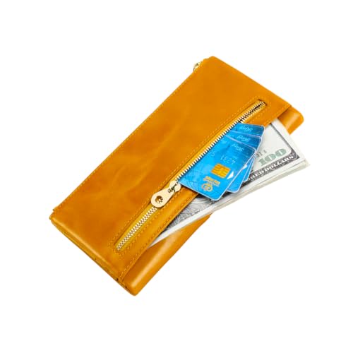 Image of Women's RFID Blocking Wallet, Yellow | Soft Leather, Clutch Money Purse, Slim Card Holder Organizer, Zip Pocket, 3020