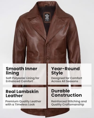 Image of Blingsoul Men's Leather Car Coat - Genuine Lambskin Long Leather Jacket for Men, Real Leather Coat with Lapel Collar