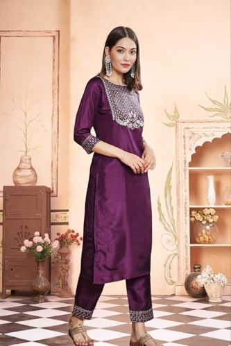 Image of LookMark Women's Silk Blend Embroidered Kurti Set with Bottom and Dupatta |Kurta Set for Women