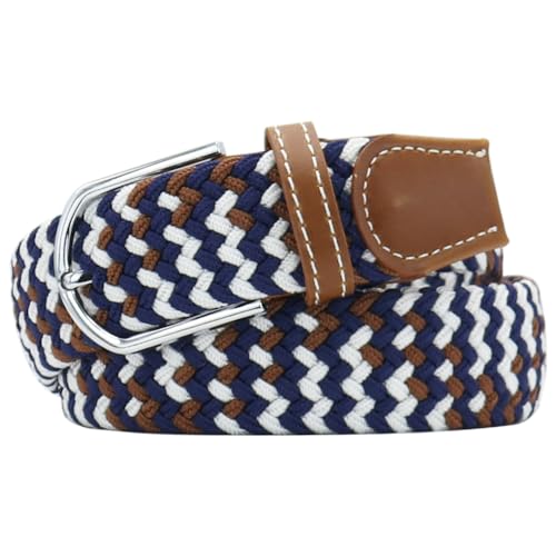 Multicolored Elastic Woven Golf Belts Casual Braided Stretch Belt for Men and Women, XS, Navy White Brown