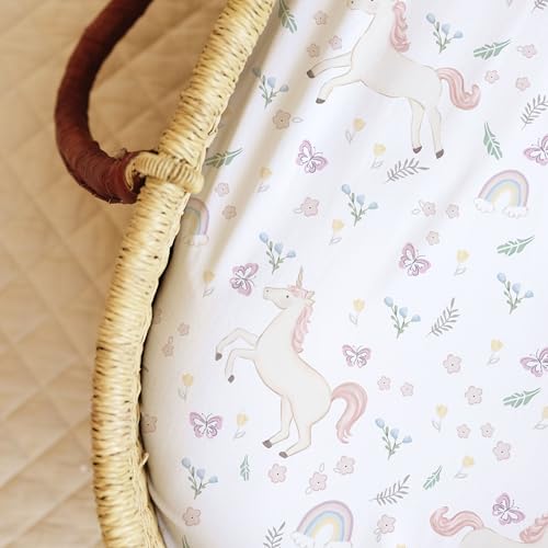 Image of Baby Bassinet Sheets for Boy, Girl (Unicorn Blossom) 2-Pack - Fitted Bedside Bassinet Sheets - Buttery Soft Cotton Blend for Standard Mattress Pad - Compatible with Halo BassiNest