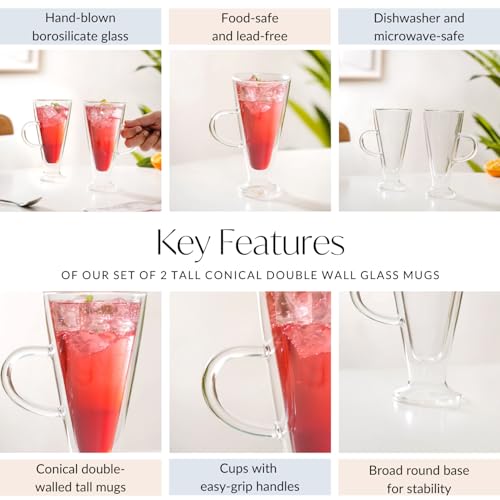 Image of Nestasia Double Wall Glass Mugs with Handle | Crystal Clear Tall Glass for Coffee, Tea, Hot & Cold Beverages | 250ml - Set of 2