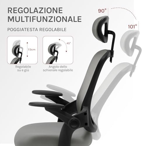 Sedia Ufficio Ergonomica con Poggiatesta e Braccioli Regolabili, Supporto Lombare, Poltrona Scrivania Girevole in Rete Traspirante Funzione Dondolo, Grigio - Sedia gaming - Immagine 3