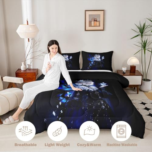 Image of Erosebridal Gothic Girls Comforter Set for Kids Boys Girls A Girl Wearing A Crown Bedding Butterfly Diamond Feather Print Duvet Set Coquette Princess Comforter Queen with 2 Pillowcases