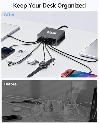 Image of USB C Charging Station, 140W GaN III 7 Port Fast Charger Station, PD 3.0 USB Charging Station for Multiple Devices, Multiple USB C Charger Station for iPad iPhone Samsung Android (2 Pack, Black)