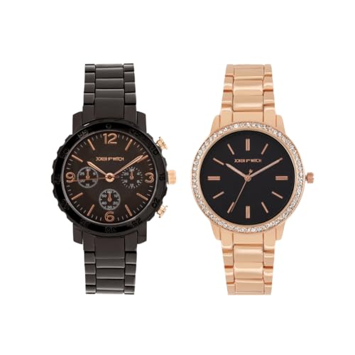 Image of Joker & Witch Stainless Steel John And Jane Couple Analogue Watches, Black Dial, Rose Gold Band