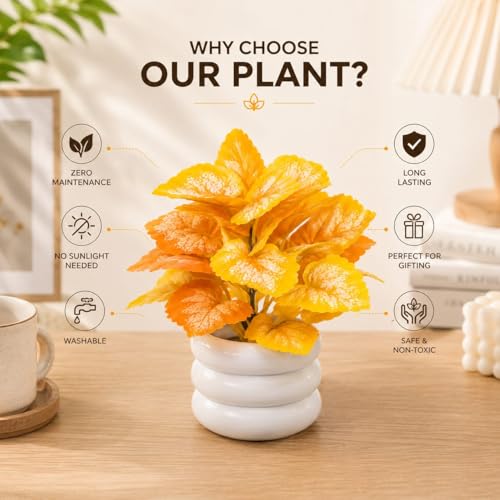 Image of Artificial Mini Potted Plant with Premium White Ceramic Style Pot - Vibrant Orange-Yellow Faux Desk Plant for Home Decor, Office Table, Living Room & Study Room Aesthetic, Washable & Zero Maintenance