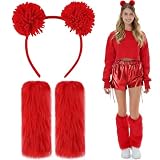 Suncalla Halloween Bear Costume Accessories Pompom Ball Headband Fuzzy Leg Warmers Fluffy Ball Hair Loop Furry Boot Covers(Red)