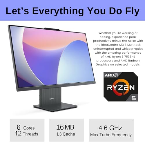 Image of Lenovo 2024 IdeaCentre 27 inch Business All-in-One, FHD 100Hz Touchscreen, AMD Ryzen 5 7535HS, 16GB DDR5 RAM, 1TB SSD, Wireless KB & Mouse, Wireless Charging Base, RJ-45, Wi-Fi 6, Webcam, W11P, Grey