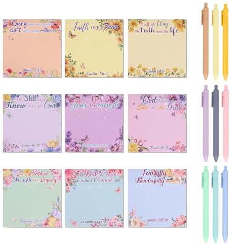 Buqoo18PCS Sticky Note Book Set with Bible Verses and Floral Patterns - 9 Packs 3×3 Sticky Notes Books + 9 Colourful Neutral PensFor School, Home Office Office SuppliesFaith Gift - 450 Sheets
