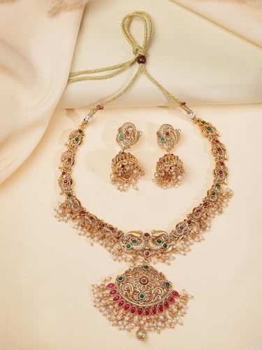 Image of Shining Diva Fashion Stylish Fancy Pearl Choker Traditional Jewellery Set for Women | Temple Necklace Set | Festive Wedding Party Necklace | 22k Gold Plated | Just Like Original Gold Jewellery