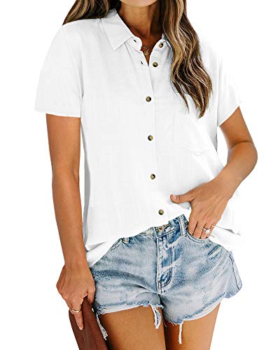 Beautife Womens Button Down Short Sleeve Shirts V Neck Collared Casual Blouse Tops with Pockets White