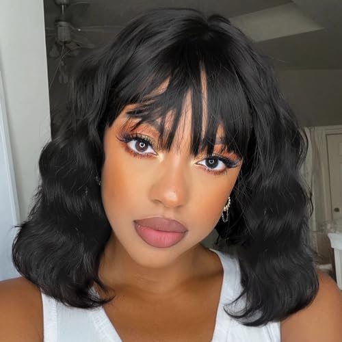 WIGER Black Wavy Human Hair Wigs with Bangs Upgraded Real