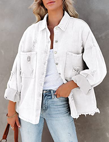 Lumister Womens Causal Oversized Soft Lightweight Distressed Jean Jacket Ripped Fringe Long Sleeve Denim Jacket Shacket2