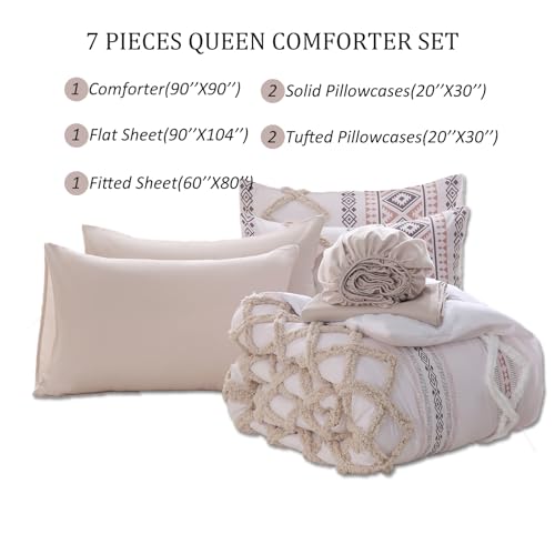 Image of MOVE OVER Beige Tufted Comforter Set Queen Size 7 Pieces Farmhouse Bedding Set Boho Aztec Comforter Set and Sheet Set Mid Century Boho Tufted Comforter Set for All Seasons