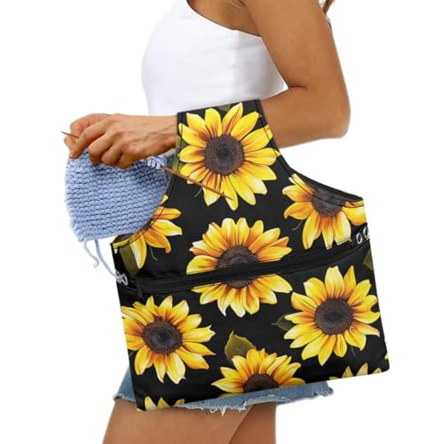 Image of KUIFORTI Sunflower Yarn Bag Holder Knitting Accessories Black Crochet Bag Organizer Tote Yarn Bags for Crocheting on The Go, Large Size