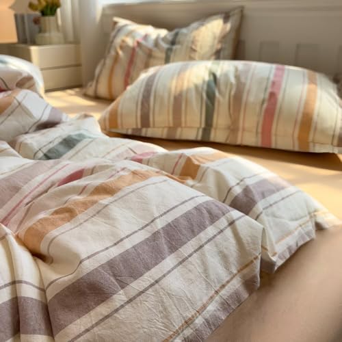 Image of MKXI Washed Cotton Duvet Cover Set Retro Stripes in Autumn Palette 3-Piece Vintage-Style Bedding with Secure Zipper & Ties, for Nostalgic Bedrooms, Dorms & Cozy Spaces (Full Size)