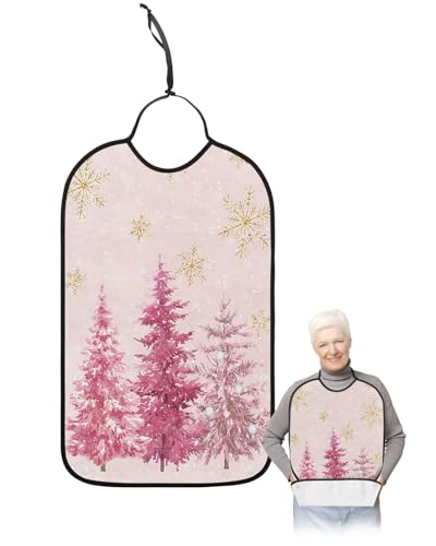 LEOKOTI Pink Christmas Tree Adult Bibs for Eating, Waterproof Bibs with Food Catcher & Snap Closure, Xmas Tree Winter Snowflake Pink Ombre Washable Clothing Protectors Adult Bibs for Elderly